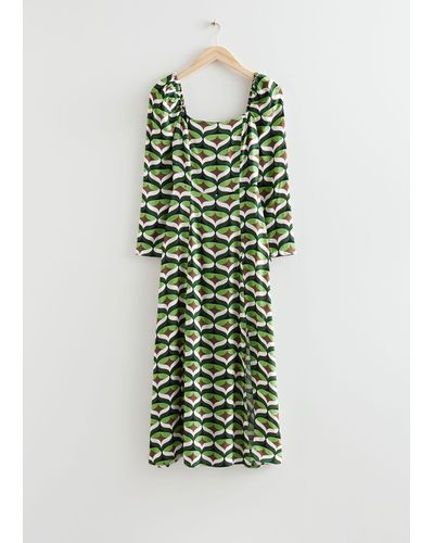 & Other Stories Printed Puff Sleeve Midi Dress - Green