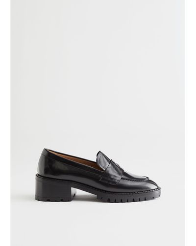 & Other Stories Heeled Leather Penny Loafers - Black