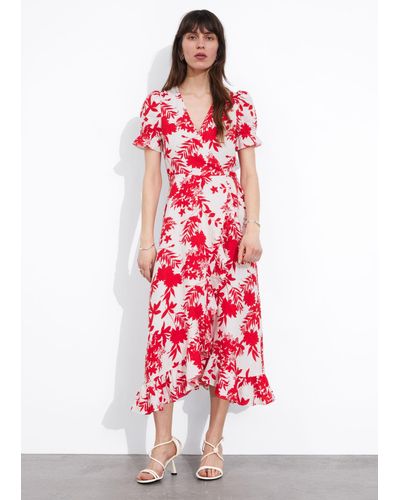& Other Stories Linen Midi Wrap Dress - Red