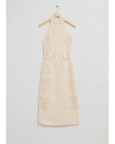& Other Stories Floral Pointelle-knit Halterneck Dress - White