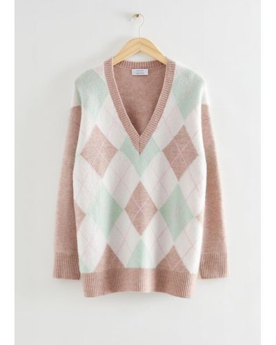 & Other Stories Oversized Mohair Argyle Patterned Sweater - White