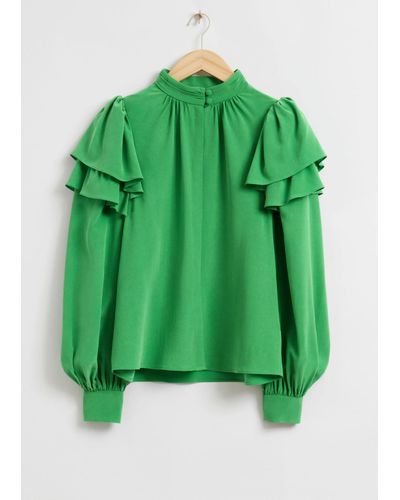 & Other Stories Mulberry Silk Layered Frilled Shirt - Green