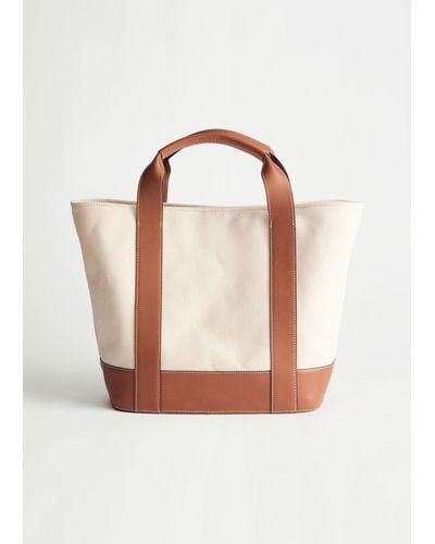& Other Stories Canvas Leather Tote Bag - White