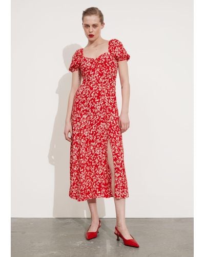 & Other Stories Flowy Puff Sleeve Midi Dress - Red