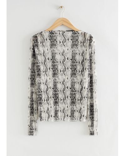 & Other Stories Printed Plissé Pleated Top - Grey