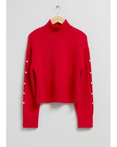 & Other Stories Cropped Rhinestone Embellished Sweater - Red