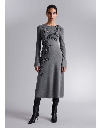 & Other Stories Floral-appliqué Midi Dress - Grey