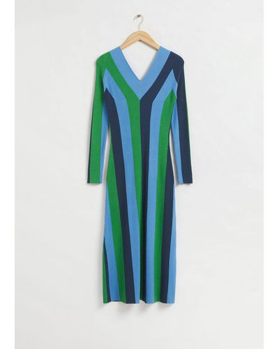 & Other Stories Fitted V-neck Knitted Dress - Blue
