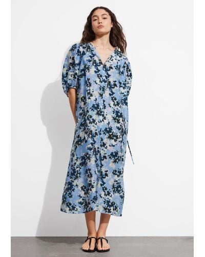 & Other Stories Relaxed Puff Sleeve Midi Dress - Blue