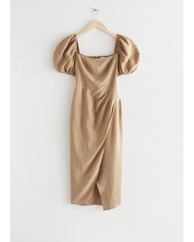 & Other Stories Fitted Puff Sleeve Midi Dress - Natural