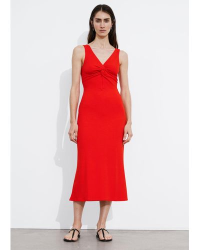& Other Stories Ribbed Twist-front Midi Dress - Red