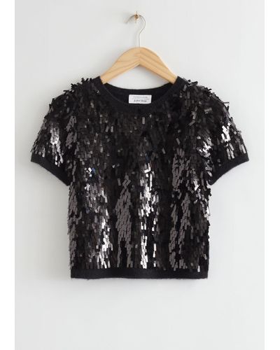& Other Stories Knitted Sequin Cropped Top - Black