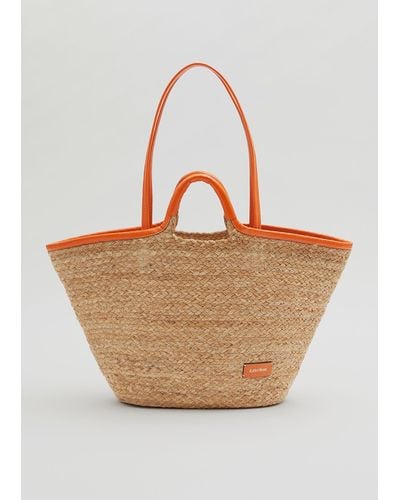 & Other Stories Leather Trimmed Straw Tote - Orange