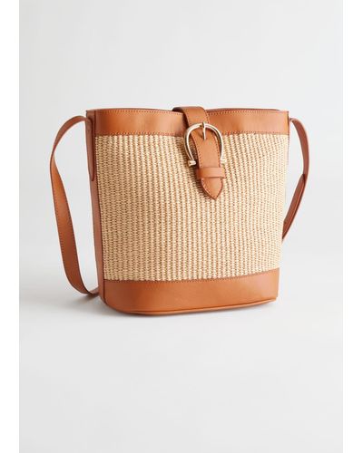 & Other Stories Leather Trim Woven Bucket Bag - Natural