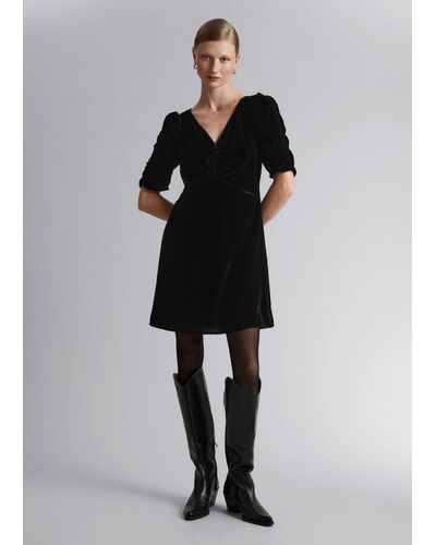 & Other Stories Ruched Velvet Mini Dress - Black