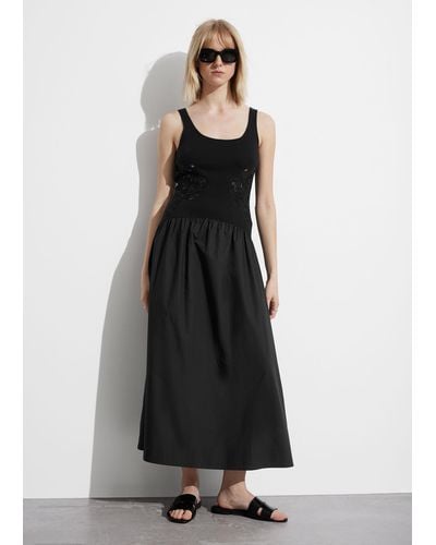 & Other Stories Embroidered Tank Midi Dress - Black