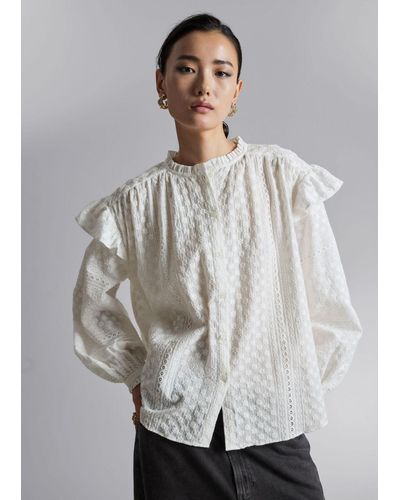 & Other Stories Frilled Floral Embroidery Blouse - White