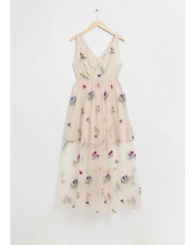 & Other Stories Embellished Gathered Tulle Dress - Natural