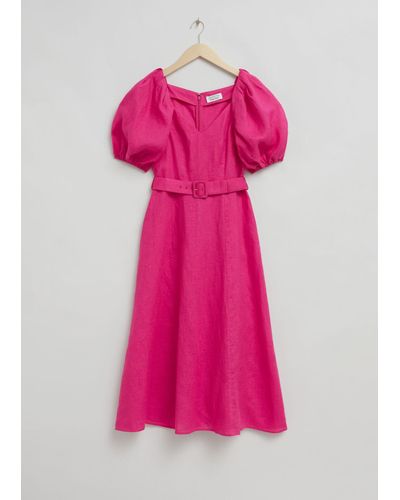 & Other Stories Linen Puff Sleeve Midi Dress - Pink