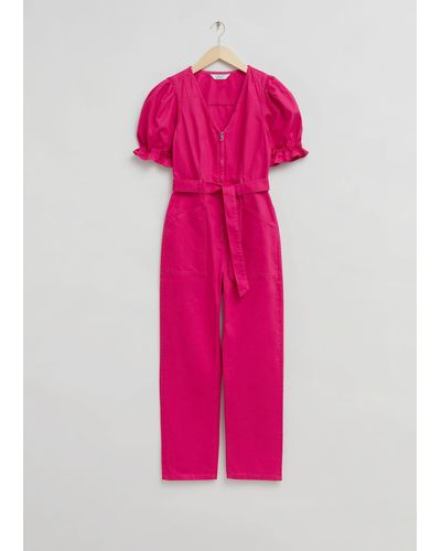 & Other Stories Puff Sleeve V-neck Jumpsuit - Pink