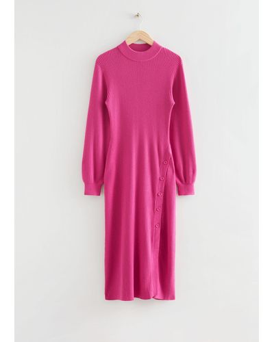 & Other Stories Buttoned Rib Knit Dress - Pink