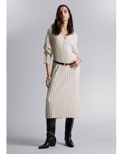 & Other Stories Collared Rib-knit Midi Dress - Natural