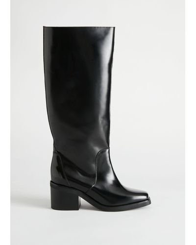 & Other Stories Square Toe Knee High Leather Boots - Black
