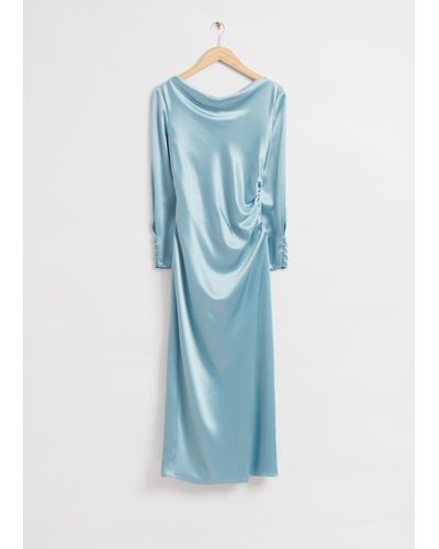 & Other Stories Fitted Waterfall Neckline Dress - Blue