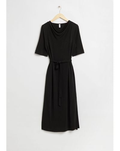 & Other Stories Belted Waterfall Boatneck Dress - Black