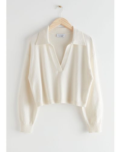 & Other Stories Relaxed Collared V-neck Sweater - White