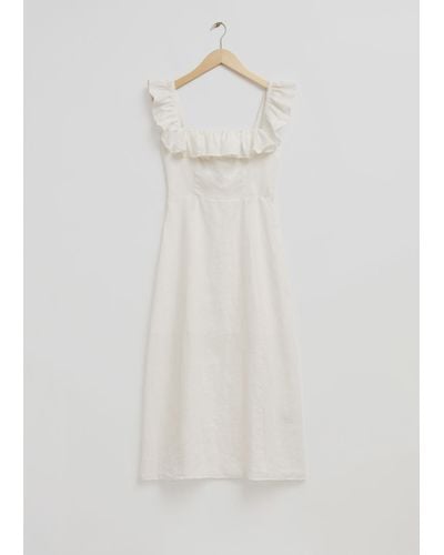 & Other Stories Ruffle Neck Linen Midi Dress - White
