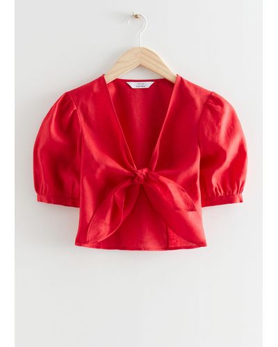 & Other Stories Front Knot Linen Top - Red