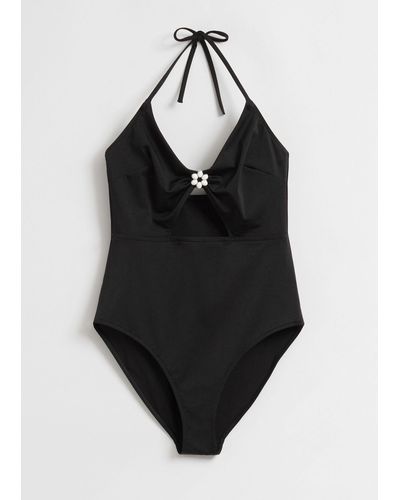 & Other Stories Embellished Halterneck Swimsuit - Black