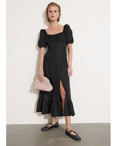 & Other Stories Puff Sleeve Linen Midi Dress - Black