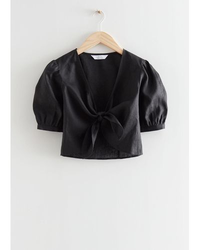 & Other Stories Front Knot Linen Top - Black