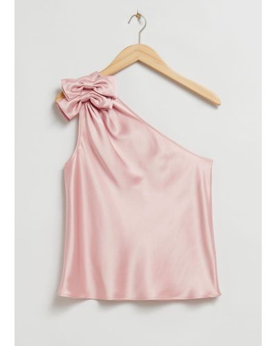 & Other Stories One Shoulder Satin Bow Top - Pink