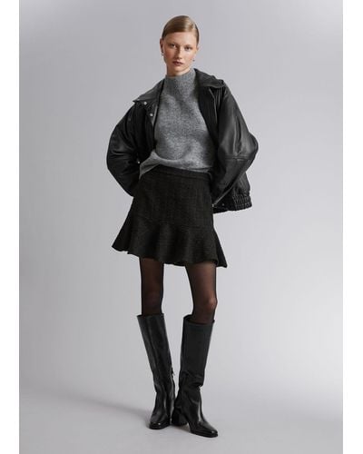 & Other Stories Ruffled Tweed Mini Skirt - Black
