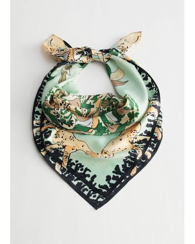 & Other Stories Tropical Print Satin Scarf - Green