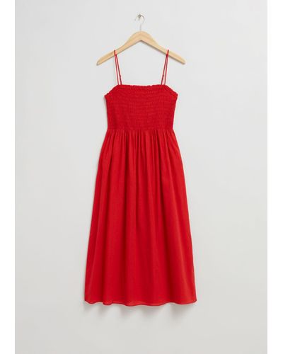 & Other Stories Smocked Strappy Midi Dress - Red