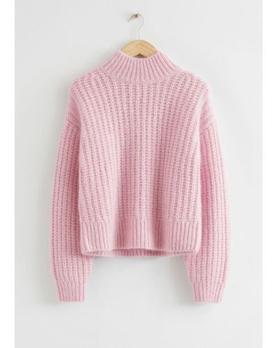 & Other Stories Fluffy Mock Neck Ribbed Sweater - Pink