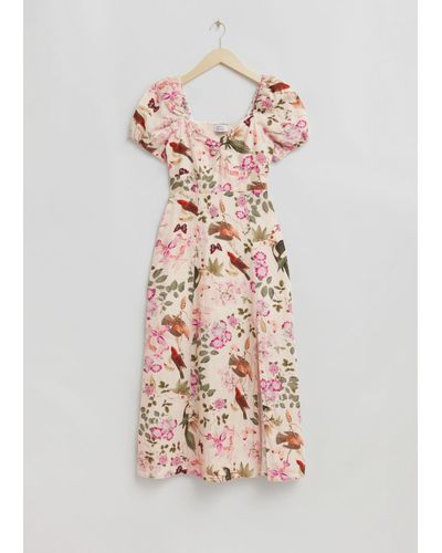 & Other Stories Puff Sleeve Linen Midi Dress - Pink