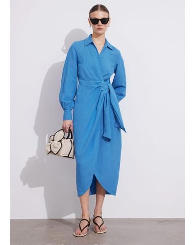 & Other Stories Collared Wrap Midi Dress - Blue