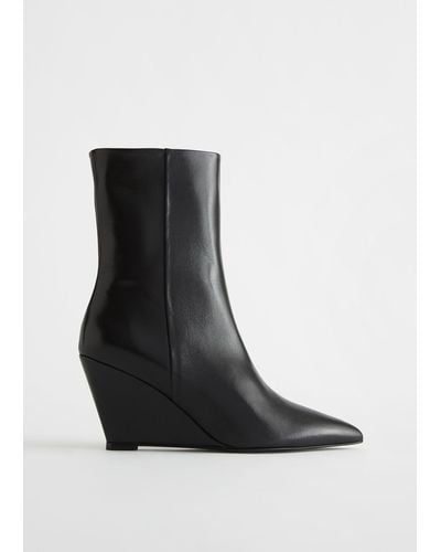 & Other Stories Leather Wedge Ankle Boots - Black