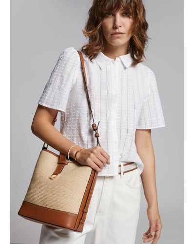 & Other Stories Leather Trimmed Straw Bucket Bag - Natural