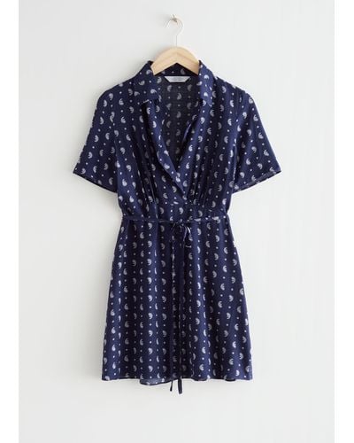 & Other Stories Printed Collared Mini Dress - Blue