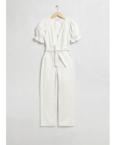 & Other Stories Puff Sleeve V-neck Jumpsuit - White