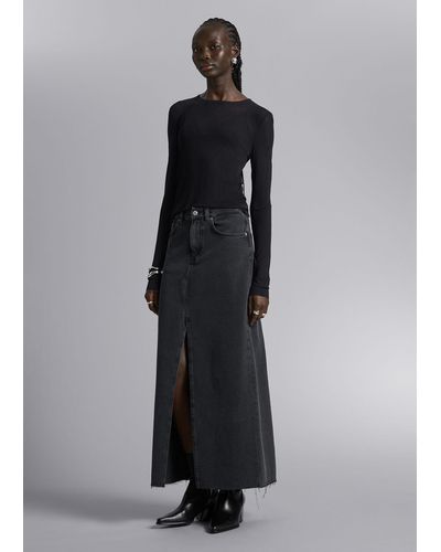 & Other Stories Frayed Denim Midi Skirt - Black