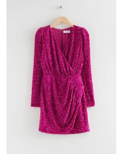 & Other Stories Sequin Wrap Mini Dress - Pink