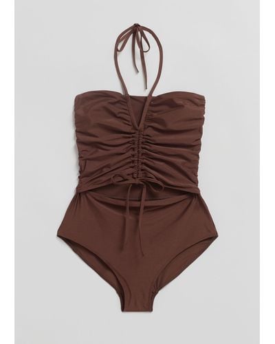 & Other Stories Ruched Bandeau Swimsuit - Brown