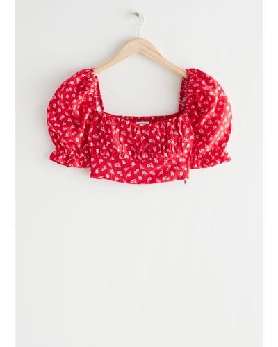 & Other Stories Puff Sleeve Crop Top - Red